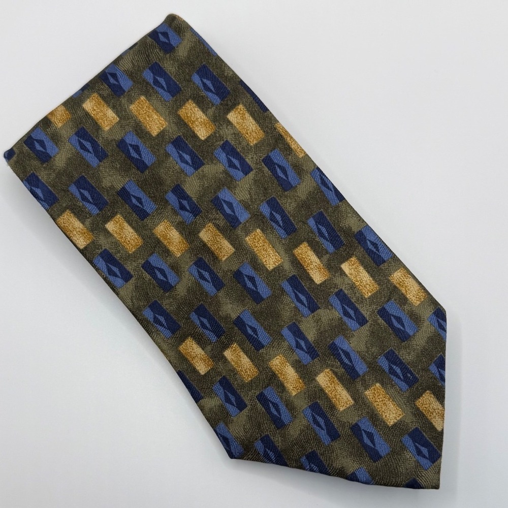 Jos A Bank Silk Tie OS Geometric Block Olive Gold Blue Corporate Dark Academia